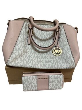 Michael Kors Pale Pink and White Signature Satchel with Matching Wallet
